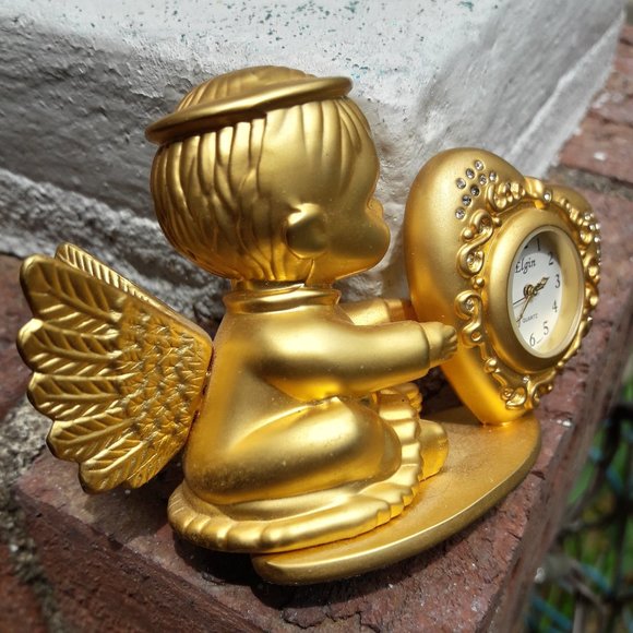 Cherub Clock Golden Mini Clock Cupid Angel by Elgin - Picture 2 of 10